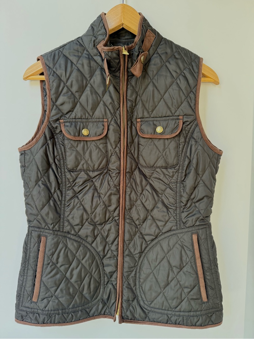 Banana Republic Quilted Dark Brown Vest with Tan Trim